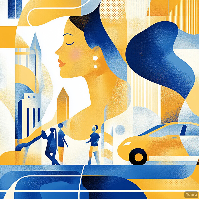 A stylized illustration of a woman's profile set against an abstract background, featuring a yellow car and three people engaged in conversation.