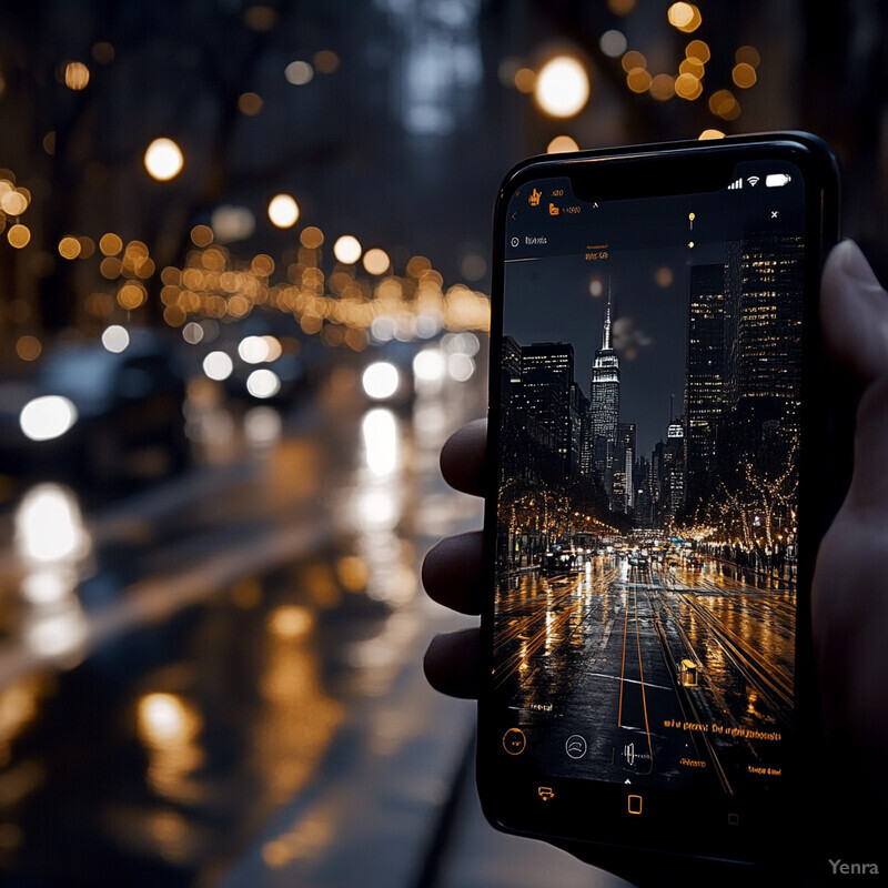 A person using their smartphone to navigate through a rainy city street.