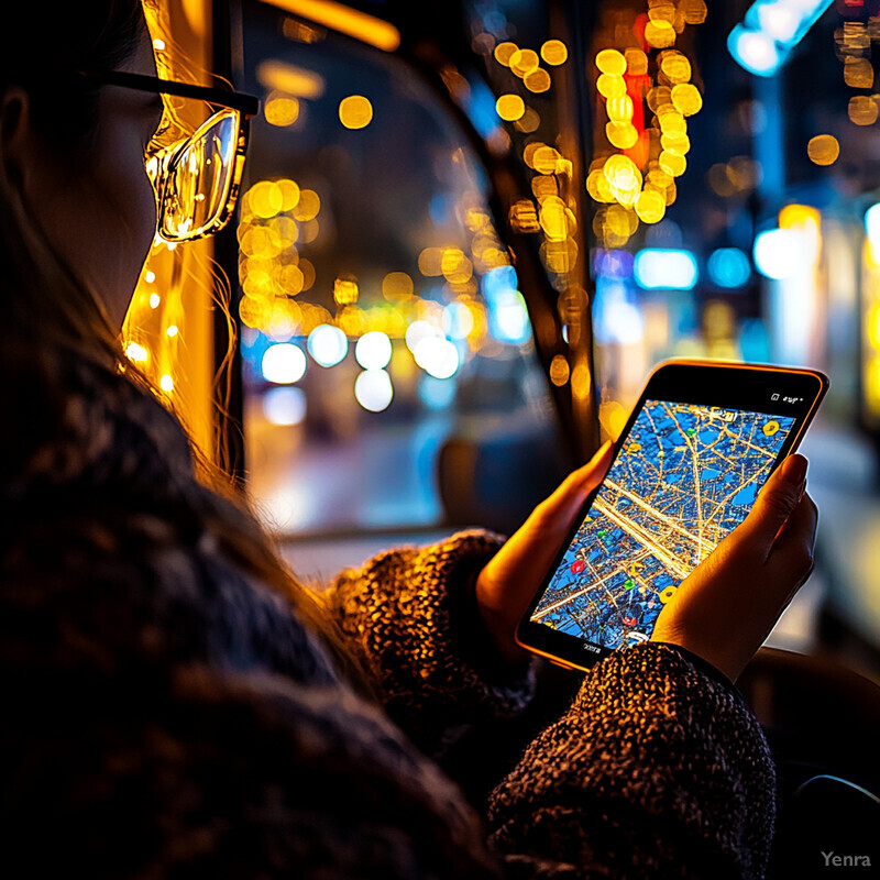 A woman views a map on her smartphone in an indoor or nighttime setting.