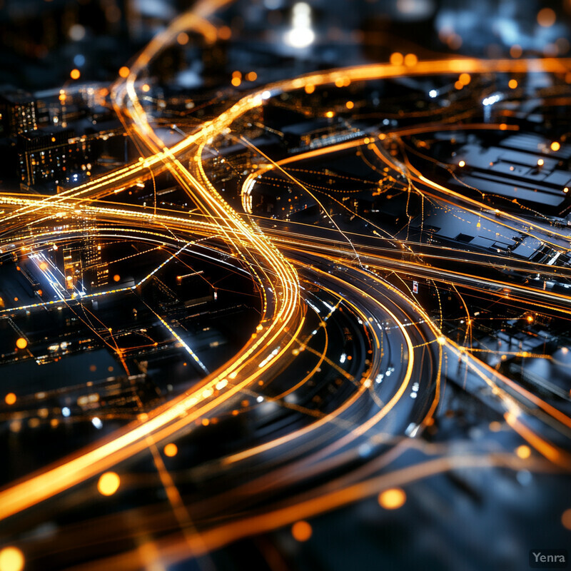 A cityscape at night, showing the road network and surrounding buildings.