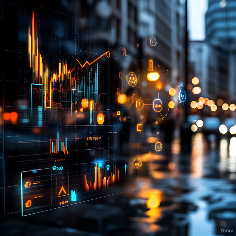 A city street at night with a large screen displaying graphs and charts for predictive demand forecasting.