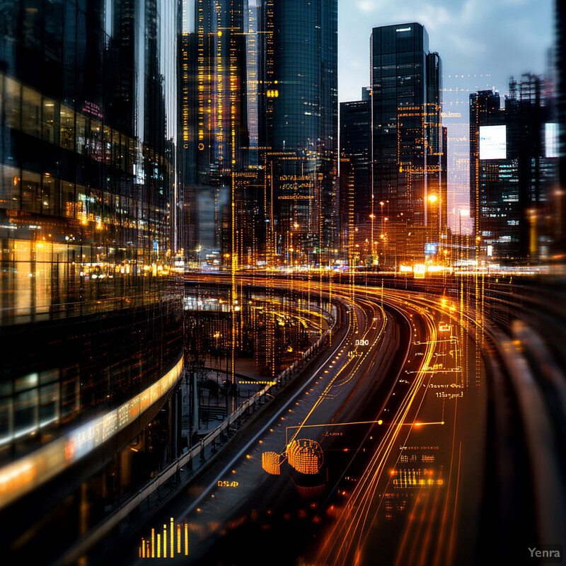 A cityscape at dusk or dawn, with a highway running through its center and tall buildings and skyscrapers on either side.