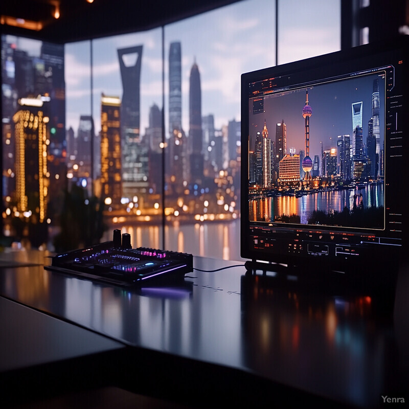 A computer screen displays a cityscape at night in an office or home workspace.