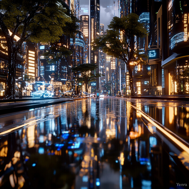 A futuristic cityscape with towering skyscrapers and neon lights.