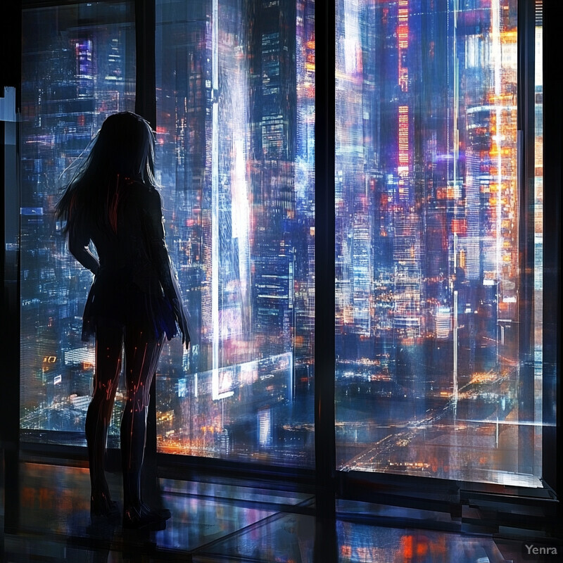 A woman stands in front of a window, gazing out at a cityscape.