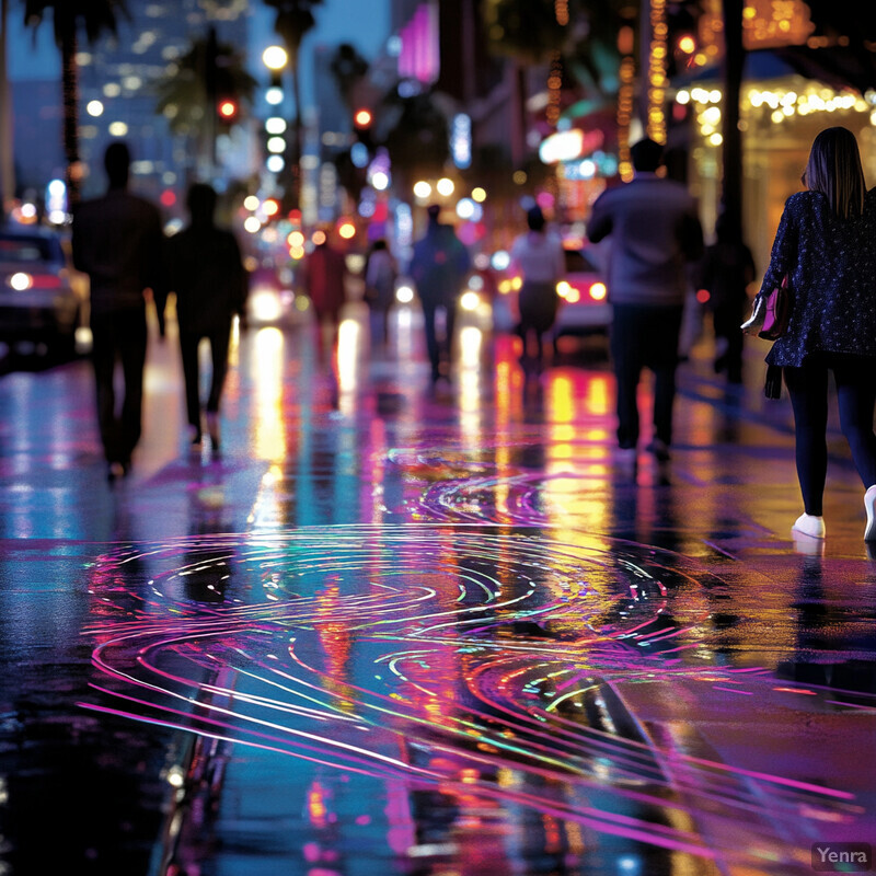 A city street at night with pedestrians walking on both sides and wet pavement reflecting lights from nearby buildings and cars.