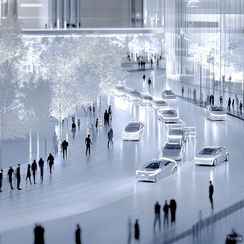 A futuristic cityscape with white vehicles moving along an elevated track at night.