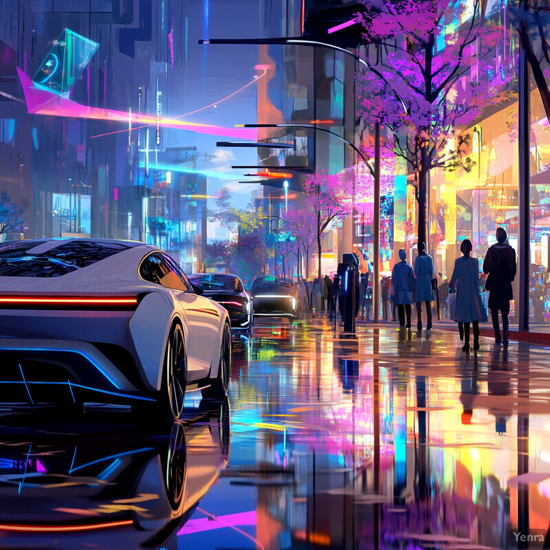 A futuristic and retro urban scene featuring a sleek white car and neon-lit buildings.