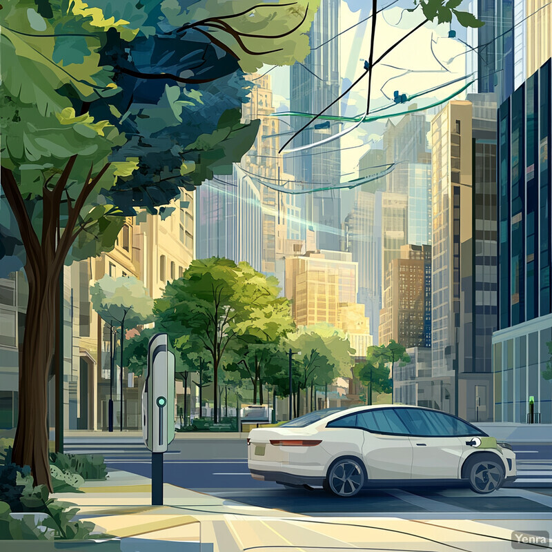 A sustainable cityscape featuring an electric vehicle and charging stations.