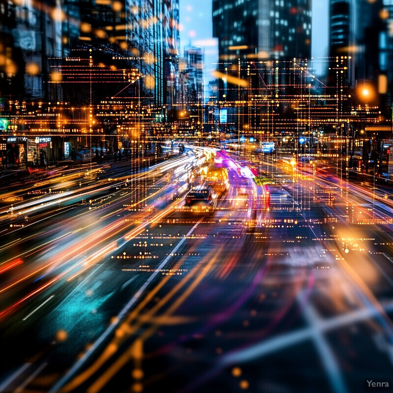 A city street at night, with a focus on traffic patterns and urban activity.