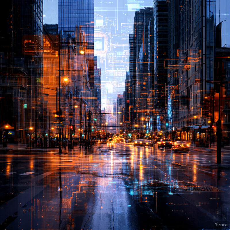 A city street at night with tall buildings and cars on both sides of the road.