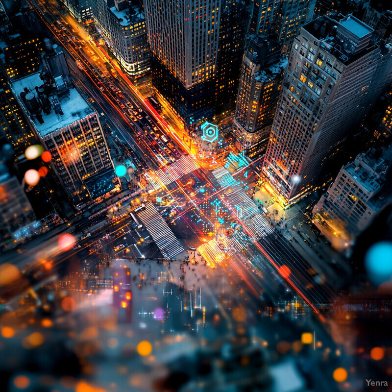 A bustling city street at night, with towering skyscrapers and busy traffic.