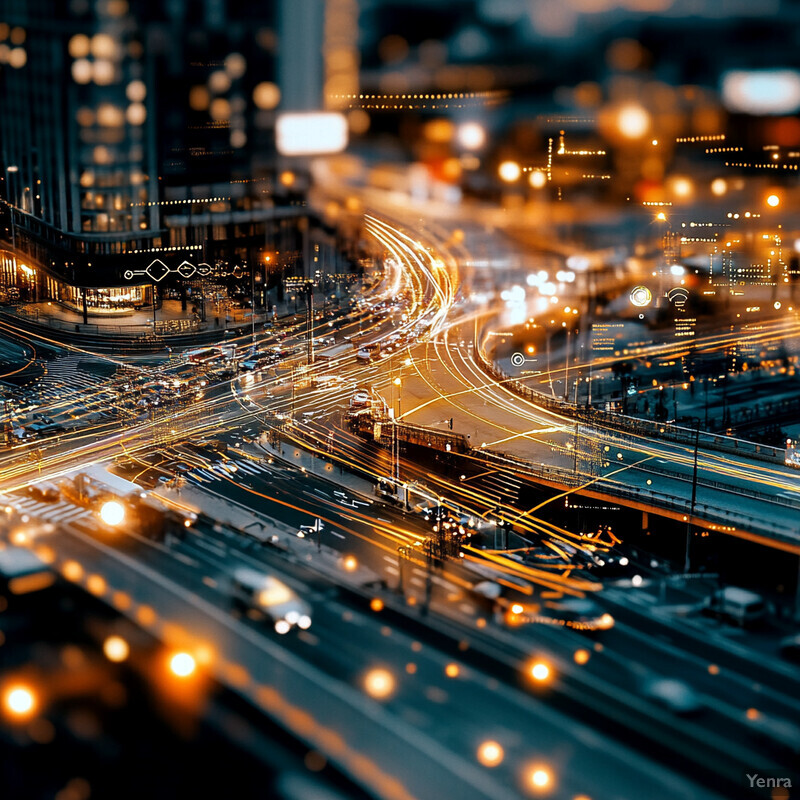 A nighttime aerial view of a city's highway system, featuring illuminated roads and intersections amidst commercial and industrial buildings.