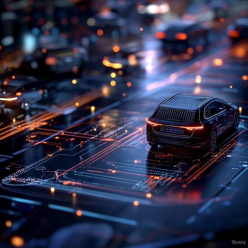 A car is shown driving on a road or highway, surrounded by circuit boards and computer chips that suggest advanced technology and vehicle-to-vehicle coordination.