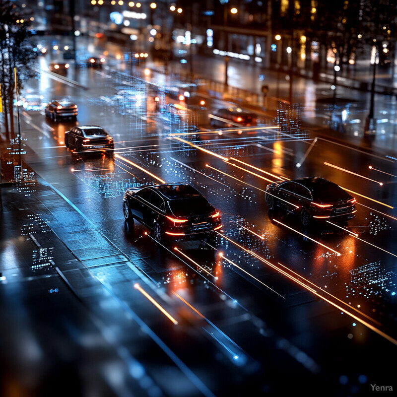 A futuristic cityscape with multiple vehicles in motion on a road system.