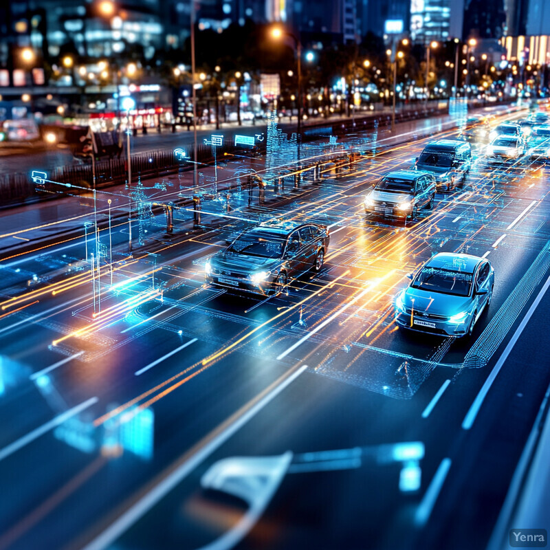 A futuristic cityscape at night, with multiple electric cars driving on a highway or road.