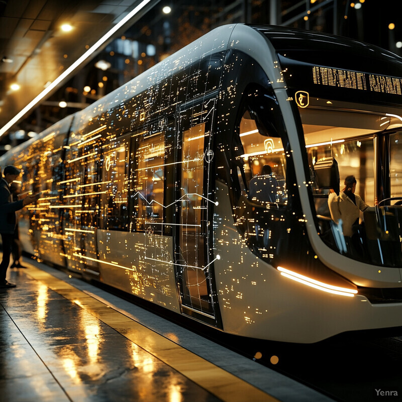 A futuristic train or tram with a modern design and sleek interior.