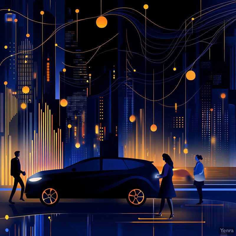 A futuristic cityscape with a sleek car and four individuals gathered around it.