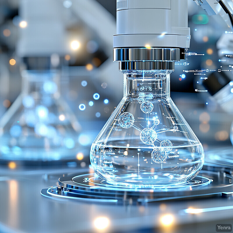 The image shows a laboratory setup with various scientific equipment and instruments, including a compound microscope, spectrophotometer, centrifuge, vortex mixer, and chemical fume hood.