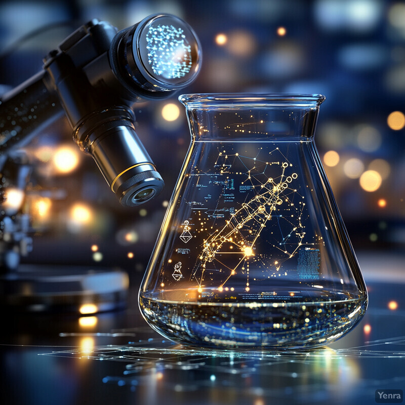 A scientist or researcher is studying data within a beaker using a microscope in a laboratory setting.