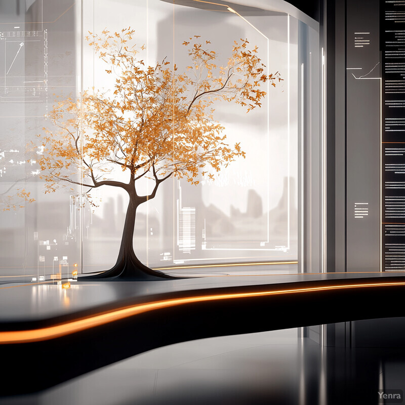 A futuristic-looking room with a tree in a glass case and a graph displayed on a screen.