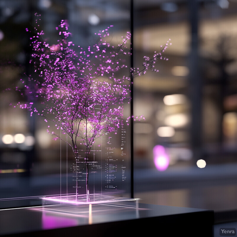 A futuristic-looking tree with pink flowers and purple leaves sits on a dark gray surface in front of a glowing box.