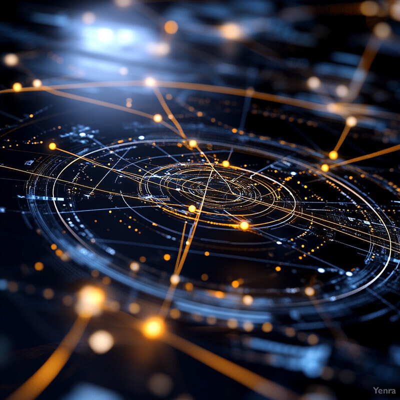 A complex network of interconnected nodes and edges is depicted, with a central hub connected to multiple smaller nodes through varying degrees of importance.