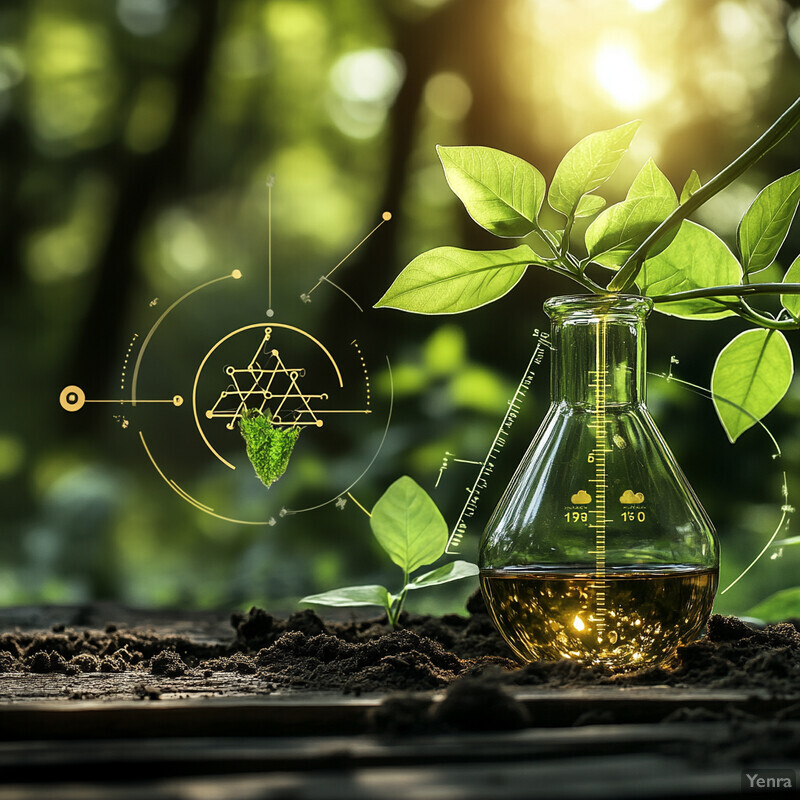 A glass beaker filled with a brown liquid sits on dark soil or dirt, accompanied by a small green plant sprouting from the ground.