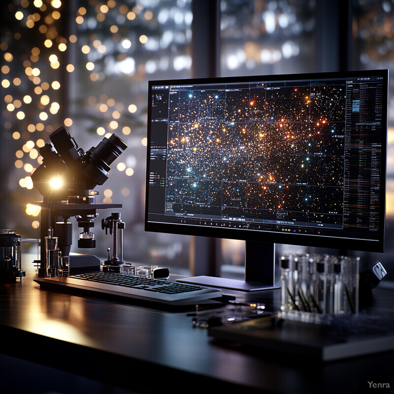 A computer screen displays a colorful star chart with various tools and equipment on an adjacent desk.