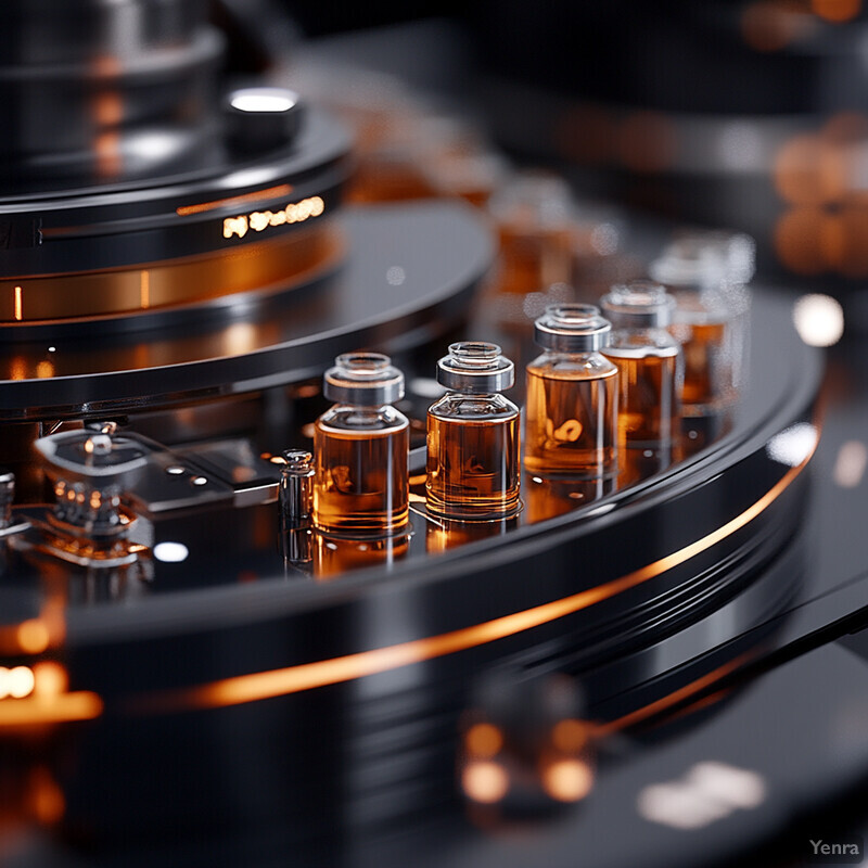 Automated synthesis platform with glass vials containing amber-colored liquids on black trays.