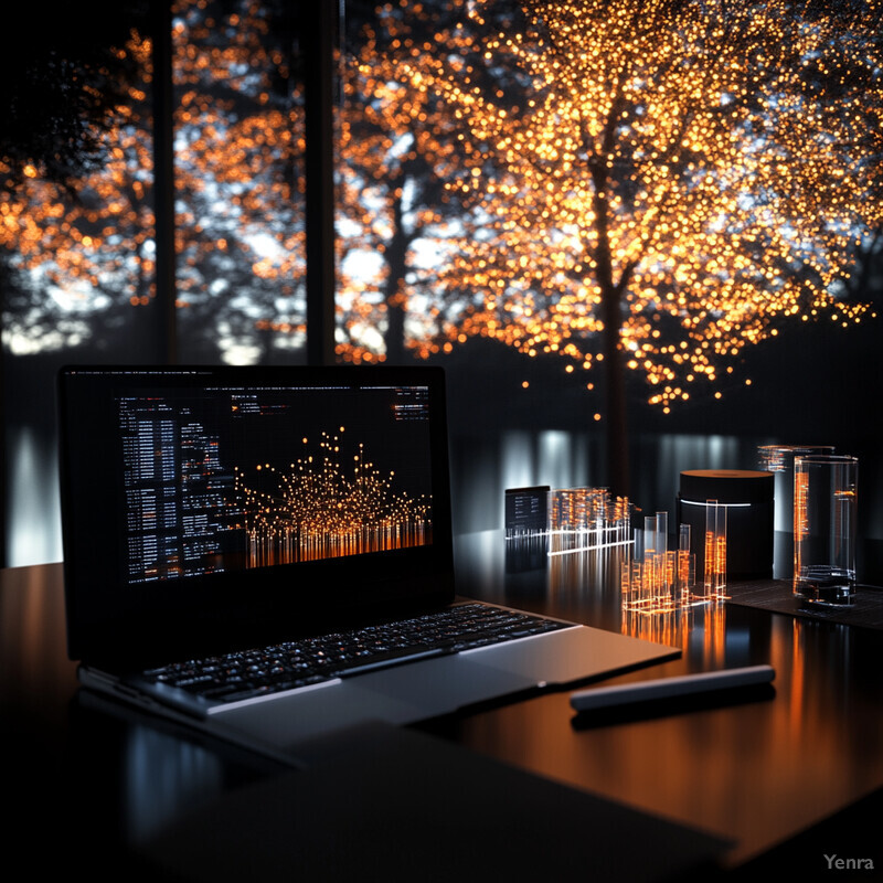 A laptop is placed on a desk in an office setting, surrounded by various objects and illuminated by natural light from the window.