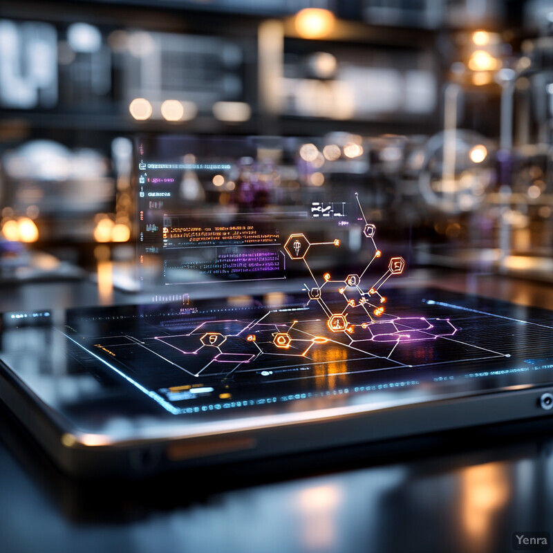 A futuristic-looking device with a black surface and white lines on a dark-colored table in an office setting.