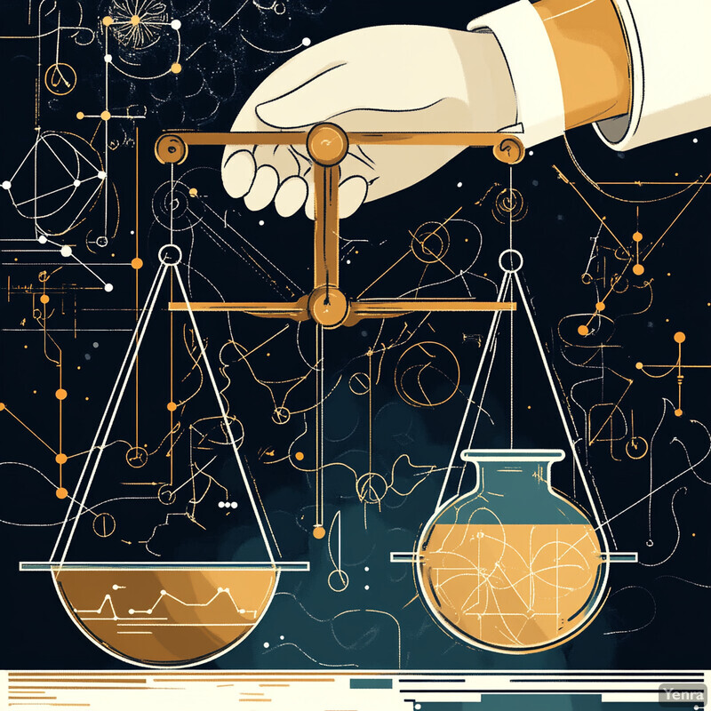 A hand holds a balance scale with two bowls on either side, surrounded by scientific diagrams and equations.