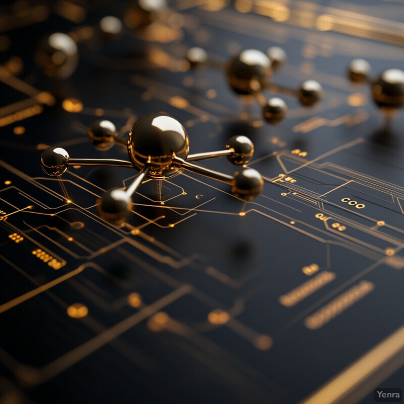 A complex visual representation of predictive modeling, featuring a network of interconnected nodes or spheres in gold on a dark grey background.