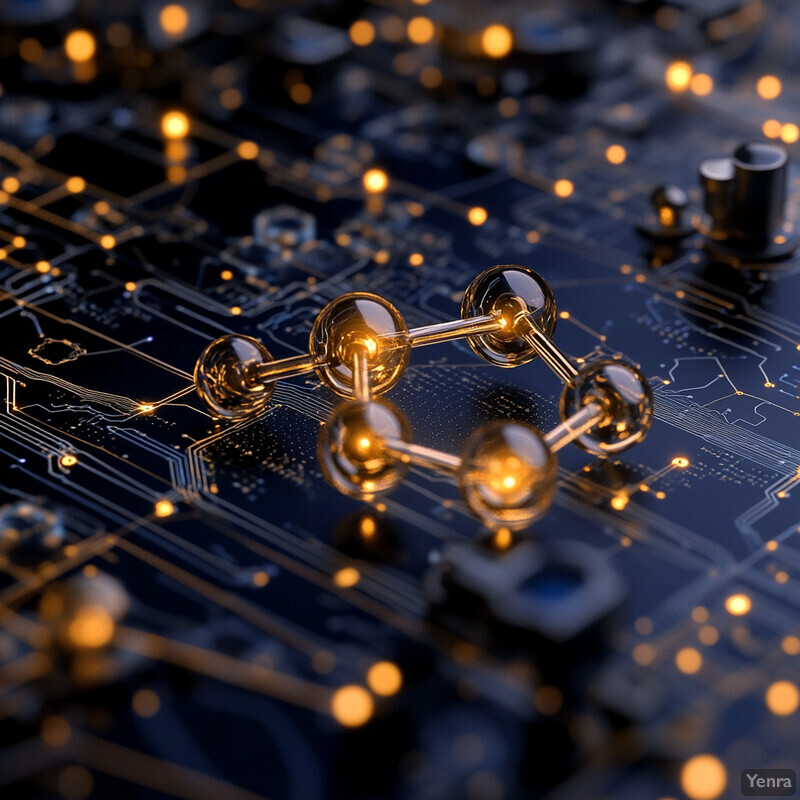 A molecule is depicted on top of a circuit board, highlighting the connection between molecular structures and electronic systems.