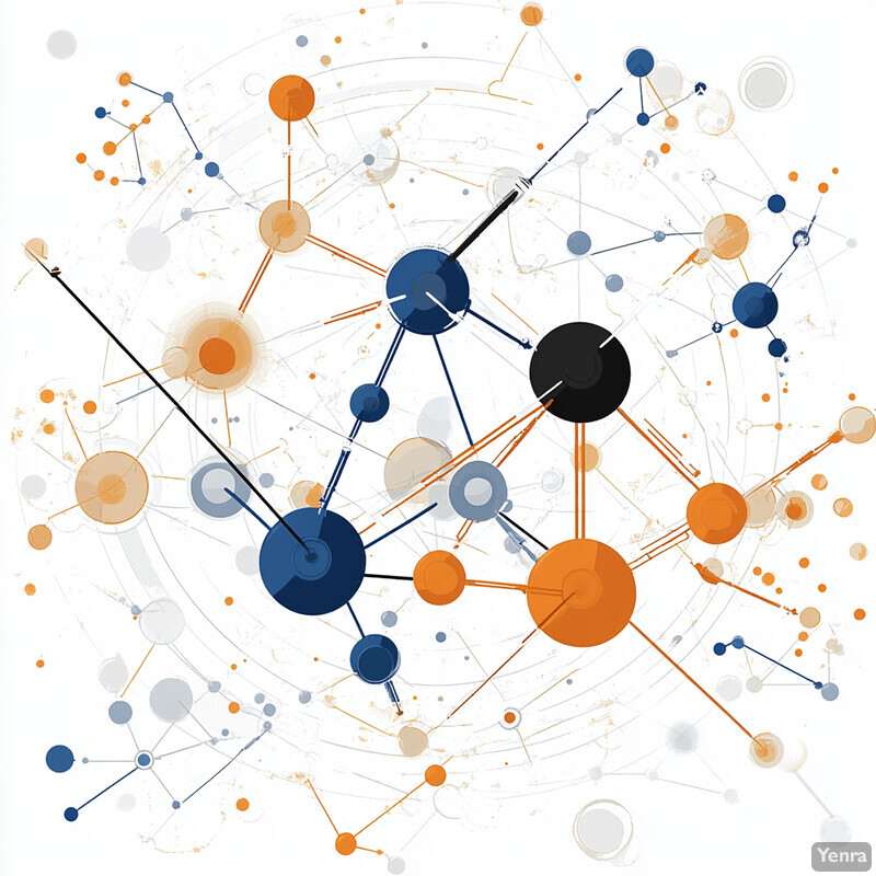 A complex network of interconnected nodes and lines, with a central black circle surrounded by smaller blue, orange, and white circles.