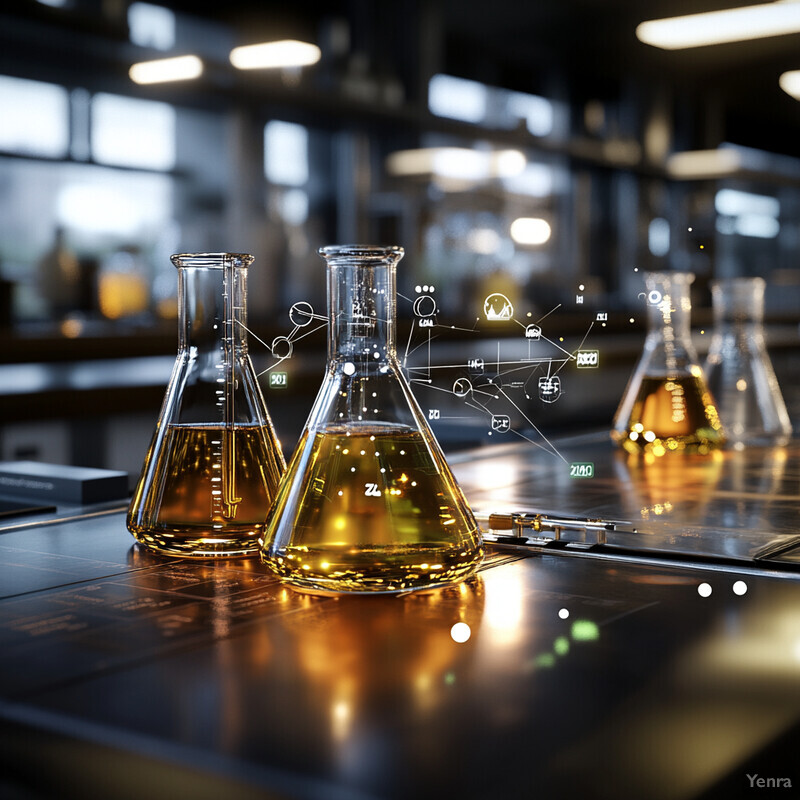 A laboratory scene with glassware and equipment on a table, suggesting scientific experimentation or analysis.