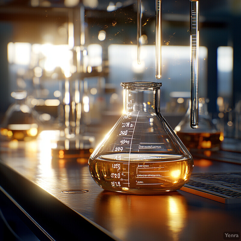 The image shows a laboratory with various glassware and equipment arranged on shelves or countertops.