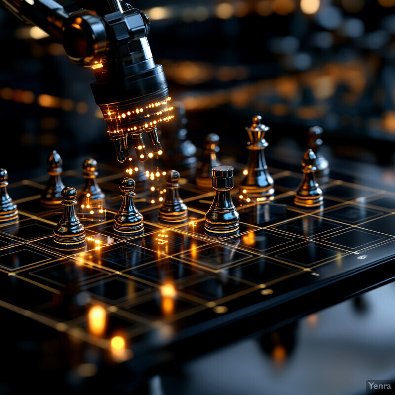 An artistic depiction of a chess game setup on a black board with gold lines.