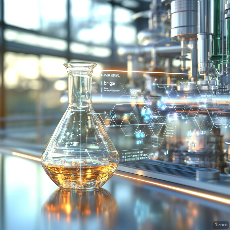 An Erlenmeyer flask filled with a yellowish liquid sits on a stainless steel countertop in a laboratory equipped with various scientific instruments.