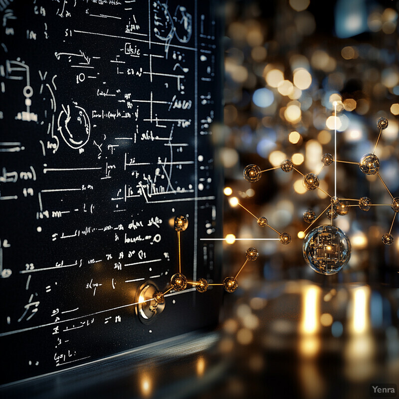 A blackboard covered in mathematical equations and symbols alongside a 3D model of an atom made of gold.