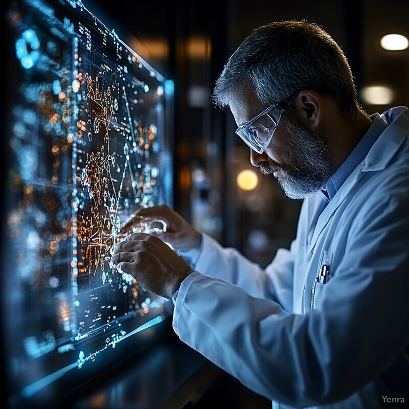 A man in a lab coat examines a large screen displaying scientific data.