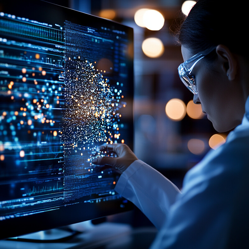 A person wearing safety goggles works on a computer in a laboratory setting.