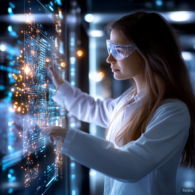 A woman in a lab coat stands in front of a large screen displaying graphs and charts, possibly working on a data analysis or scientific research project.