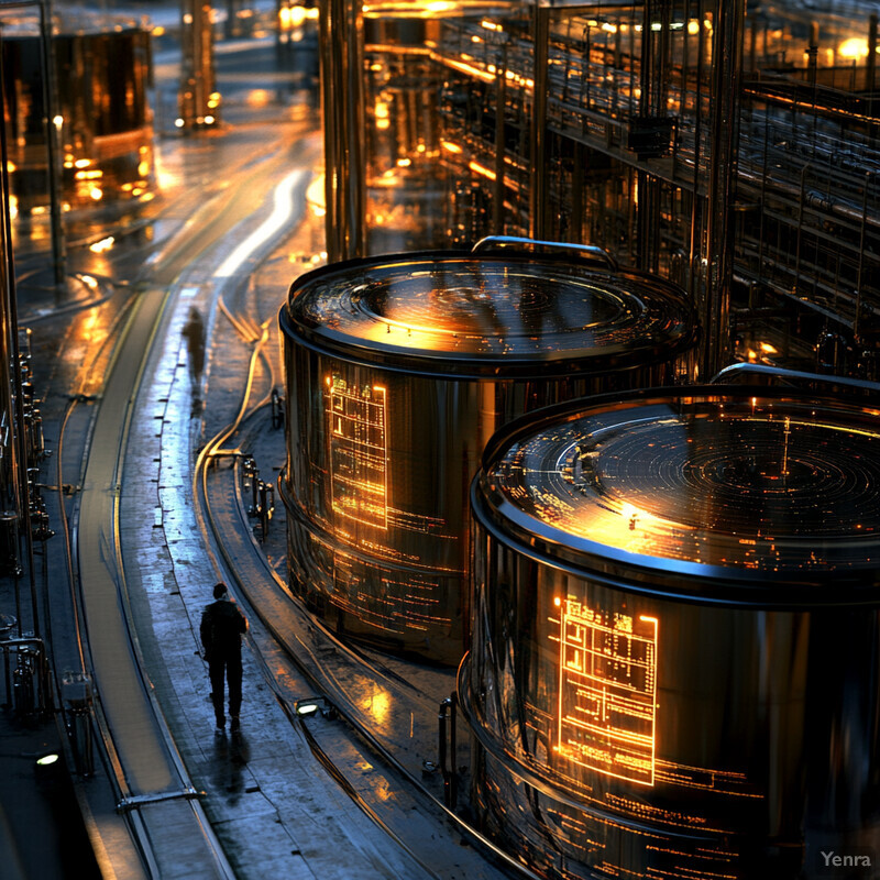 A large industrial facility with several cylindrical tanks or vats in the foreground, surrounded by metal pipes and machinery.