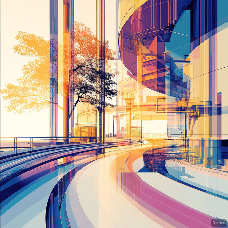 An abstract representation of a cityscape with a modern circular building and winding road.