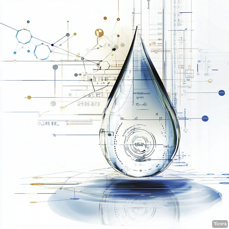 A large water droplet with intricate blue and gray lines suspended in mid-air against an abstract background