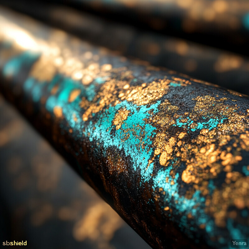 A close-up view of a corroded metal surface with visible scale buildup, exhibiting a rough texture and blue and gold patina.