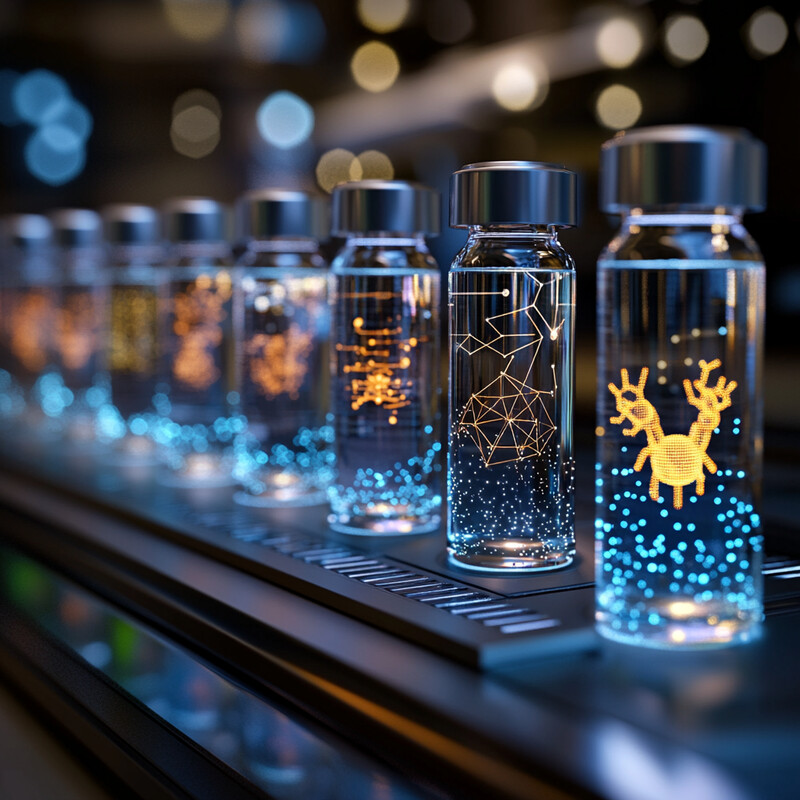 A row of glass vials containing various substances with distinct labels, arranged on a shelf or counter in a laboratory setting.