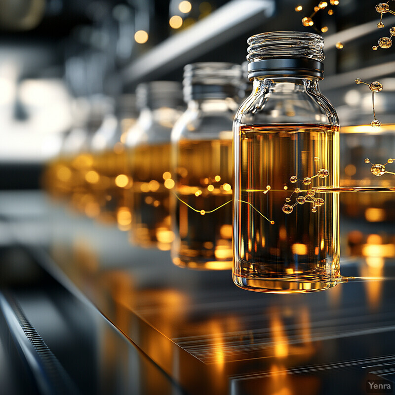 A collection of glass bottles filled with a golden liquid on shelves in a laboratory setting.